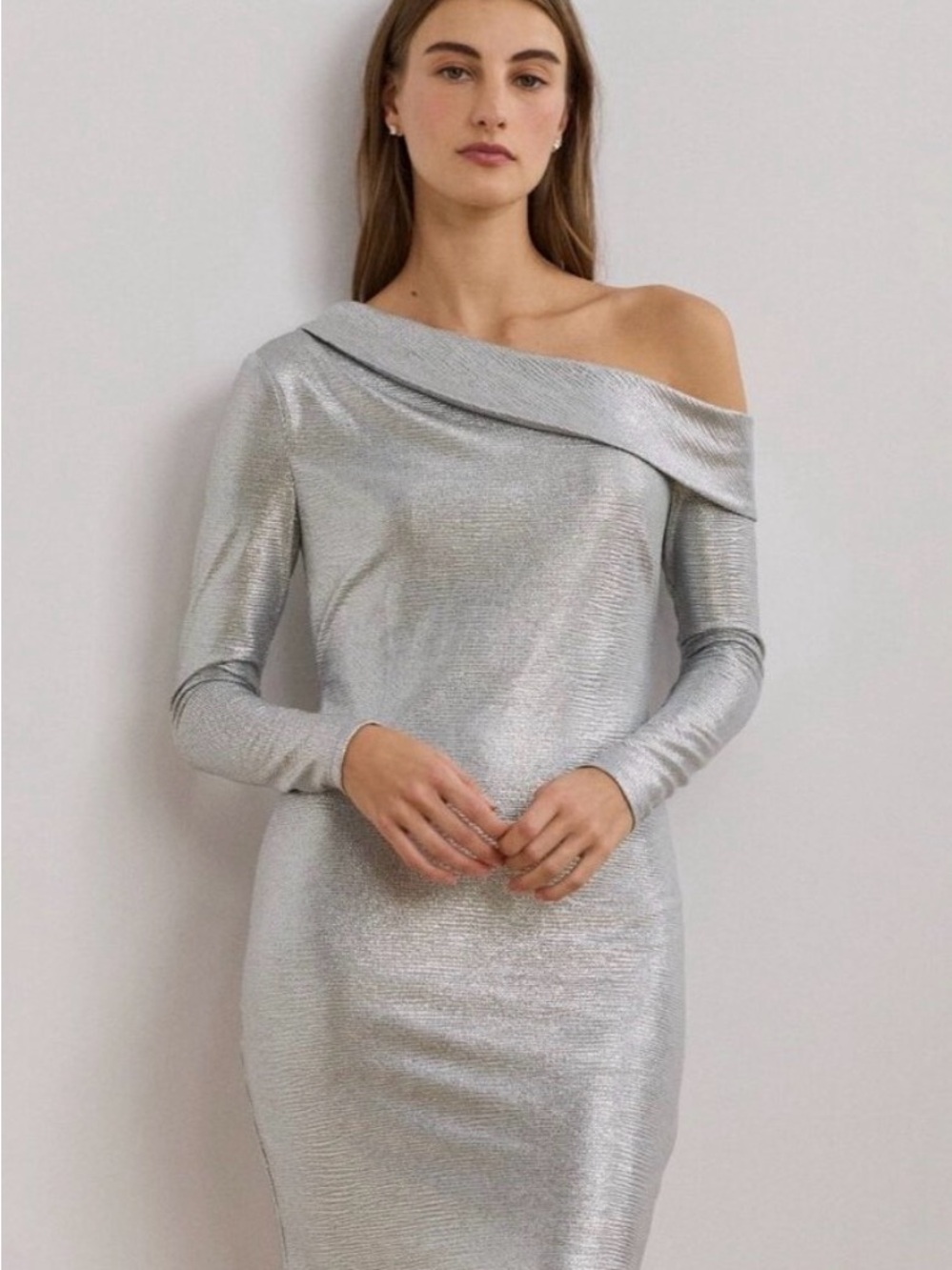 Ralph Lauren One-Shoulder Metallic Silver Dress - Picture 2 of 5